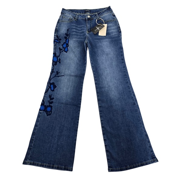 Flamingals Denim - Flamingals Womens Blue Floral Embroidered Flare Jeans Medium Wash Size M‎ NWT